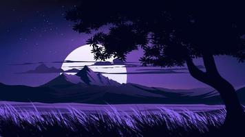 Vector illustration of beautiful calm night with moon rising over the mountain