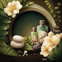 Relaxing spa scene with herbal aromatherapy, massage, and organic beauty products on green background. . photo