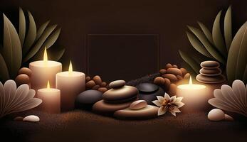 A tranquil spa background, featuring polished stones, foliage elements, and flickering candles. The perfect backdrop for promoting wellness and self-care. . photo