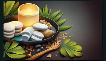 Spa background illustration. Polished stones, fresh leaves, and flickering candles create a soothing and serene atmosphere. . photo