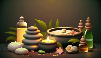 A Spa background illustration, glowing candles cast a warm light, surrounded by smooth stones and bottles of essential oils. A tranquil atmosphere for relaxation and self care. . photo