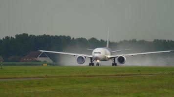 AMSTERDAM, THE NETHERLANDS JULY 24, 2017 - LAN Cargo Boeing 777 N776LA accelerate before departure at Polderbaan 36L, rainy weather, Shiphol Airport, Amsterdam, Holland video