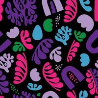 Collage seamless pattern. Trendy colorful minimal flat memphis Matiss style design on black background. Hand drawn vector illustration. Texture for packing, print, fabric, textile.