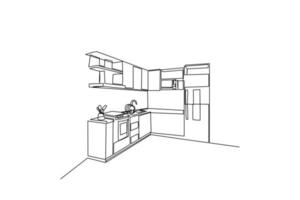 Single one line drawing Modern kitchen interior. Kitchen room concept. Continuous line draw design graphic vector illustration.