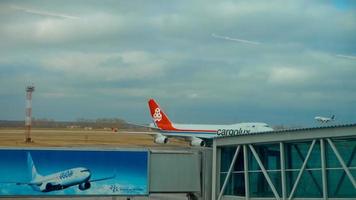 NOVOSIBIRSK, RUSSIA APRIL 23, 2017 - Air Astana Embraer 190 P4 KCC landing on Tolmachevo Airport, Novosibirsk, Russia video