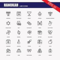 Simple Set of Hanukah Related Vector Line Icons. Contains such Icons as Menorah, Torah Book, Candle, Dreidel, Hamesh, Sufganiyot and more