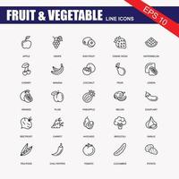 Set of flat fruits and vegetables icons drawing with black lines on grey background vector