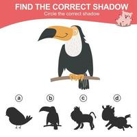 Find the correct shadow. Matching animal shadow game for children. Worksheet for kid. Educational printable worksheet. Vector illustration.