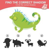 Find the correct shadow. Matching animal shadow game for children. Worksheet for kid. Educational printable worksheet. Vector illustration.