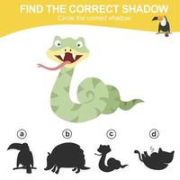 Find the correct shadow. Matching animal shadow game for children. Worksheet for kid. Educational printable worksheet. Vector illustration.