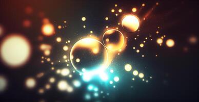 Dark panoramic background, bright yellow bokeh, glowing circles - image photo