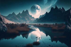 el río con el Luna. extraño paisaje conceptual visual Arte natural fantasía Arte por ai generado foto