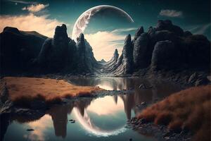 the river with the moon. bizarre landscape conceptual visual art natural fantasy art by photo