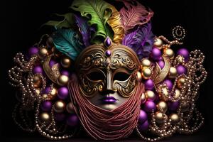 Venetian carnival mask and beads decoration background by photo