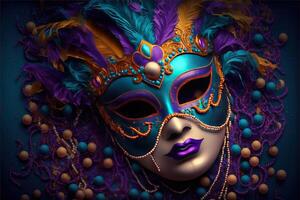 Venetian carnival mask and beads decoration background by photo