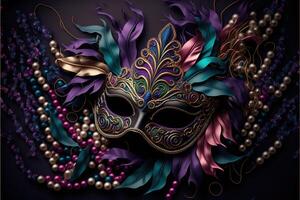 Venetian carnival mask and beads decoration background by photo
