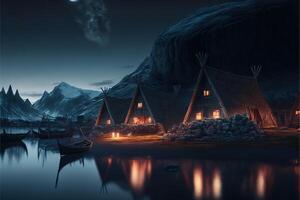 viking houses in a viking landscape by photo