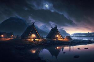 viking houses in a viking landscape by photo