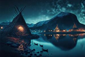vikingo casas en un vikingo paisaje por ai generado foto