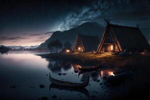 viking houses in a viking landscape by photo