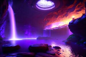 Massive spa in a wet cave waterfall purple lighting by photo