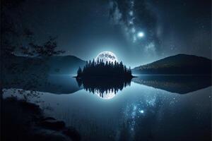 Luna ligero a lago brillante Luna a noche bosque estrellas brillante por ai generado foto