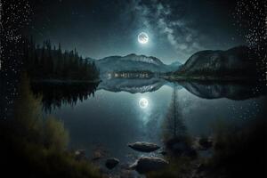 Luna ligero a lago brillante Luna a noche bosque estrellas brillante por ai generado foto