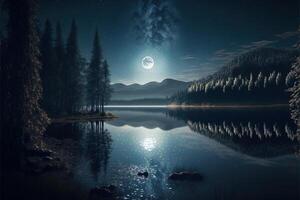 moon light at lake shining moon at night woods stars shining by photo