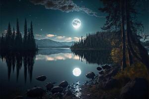 moon light at lake shining moon at night woods stars shining by photo