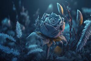 One frozen blue rose with ice crystals by photo