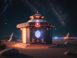 pentagonal indigenous temple kiosk with silver neon beams in outer space by photo