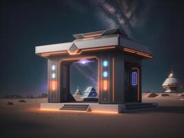 pentagonal indigenous temple kiosk with silver neon beams in outer space by photo