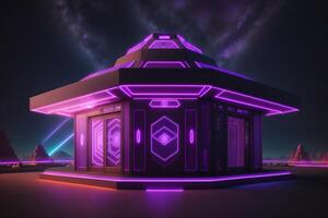 pentagonal indigenous temple kiosk with silver neon beams in outer space by photo