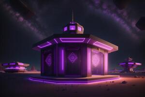 pentagonal indigenous temple kiosk with silver neon beams in outer space by photo
