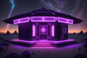 pentagonal indigenous temple kiosk with silver neon beams in outer space by photo