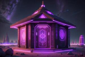 pentagonal indigenous temple kiosk with silver neon beams in outer space by photo