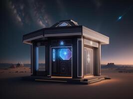 pentagonal indigenous temple kiosk with silver neon beams in outer space by photo