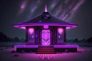 pentagonal indigenous temple kiosk with silver neon beams in outer space by photo