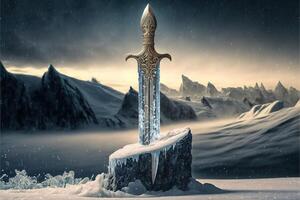 poderoso congelado espada atascado en Roca a invierno paisaje por ai generado foto