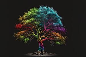 arco iris árbol aislado negro antecedentes por ai generado foto