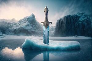 Powerful frozen sword stuck in stone at winter landscape by photo