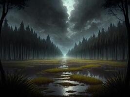 sky view horizon a path in a dark swamp by photo