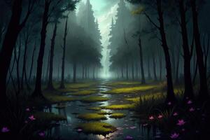 sky view horizon a path in a dark swamp by photo