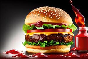 hamburger with splashing ketchup isolated background by photo