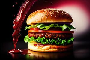 hamburguesa con salpicaduras salsa de tomate aislado antecedentes por ai generado foto