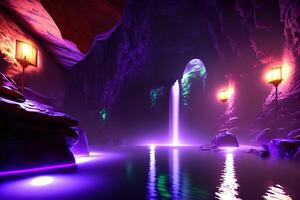 Massive spa in a wet cave waterfall purple lighting by photo