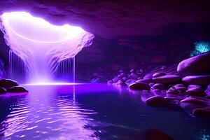 masivo spa en un mojado cueva cascada púrpura Encendiendo por ai generado foto