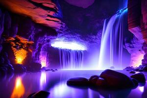 Massive spa in a wet cave waterfall purple lighting by photo