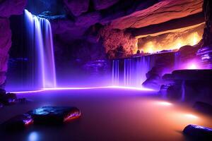 Massive spa in a wet cave waterfall purple lighting by photo
