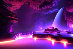 Massive spa in a wet cave waterfall purple lighting by photo